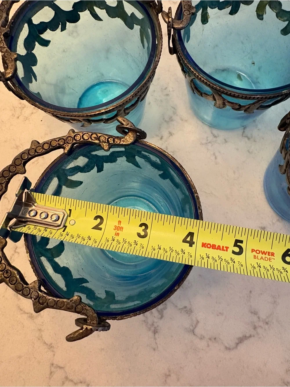 Decorative Blue Glass Tea Light Holders with Ornate Metal Handles